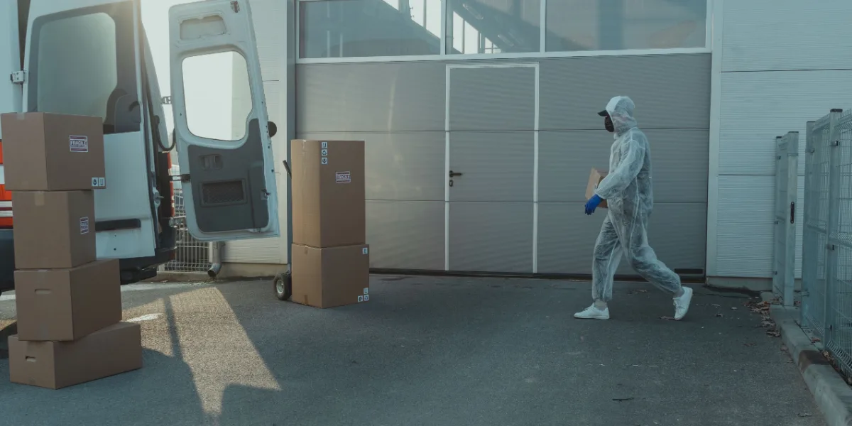 Coursier en combinaison de protection portant un colis devant un entrepôt, cartons empilés près d’une camionnette